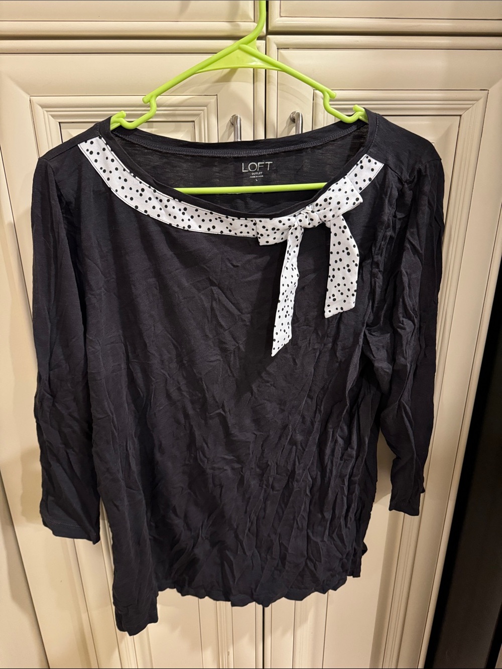 LOFT Black Long-Sleeve Top with White Polka Dot Bow
